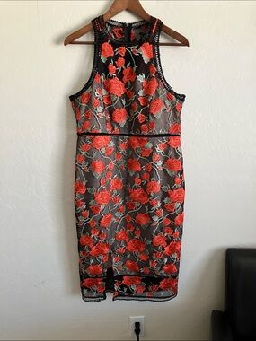 Womens L Black Red Floral Embroidered Mesh Midi Sleeveless Dress Gianni Bini